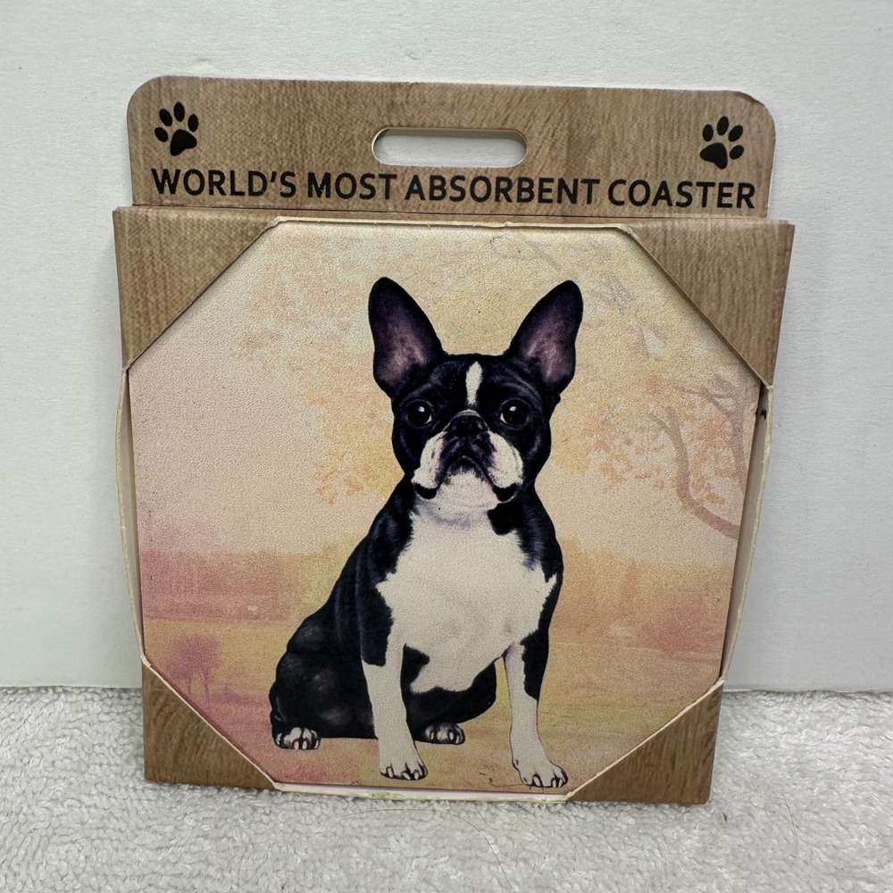 E&S Pets Boston Terrier Absorbent Stone Coaster Cork Backed Dog Lover Gift NEW